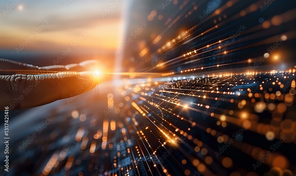 Poster dramatic light rays burst through dark space creating dynamic motion blur effect with golden bokeh p