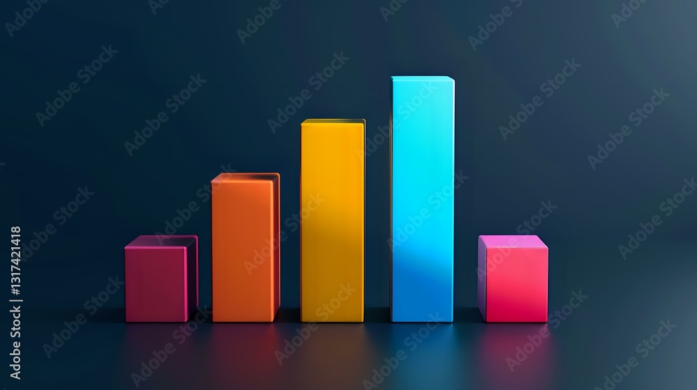 Poster colorful ascending and descending bar chart showing business growth statistics on dark background, m