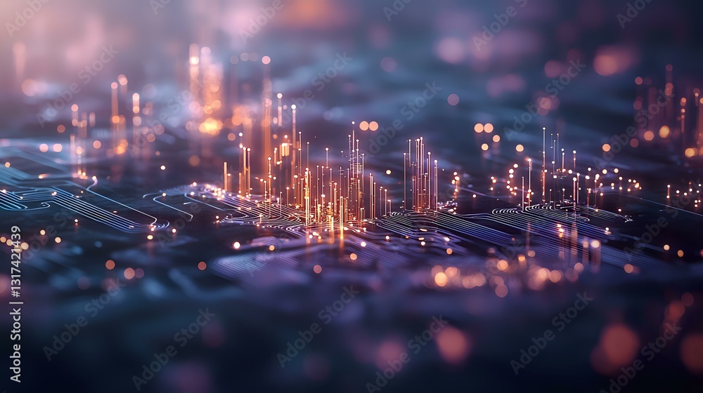 Poster glowing circuit board paths create futuristic cityscape with illuminated towers and connections in p