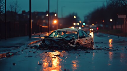 Damaged car on a deserted street at night, reflecting neon lights.