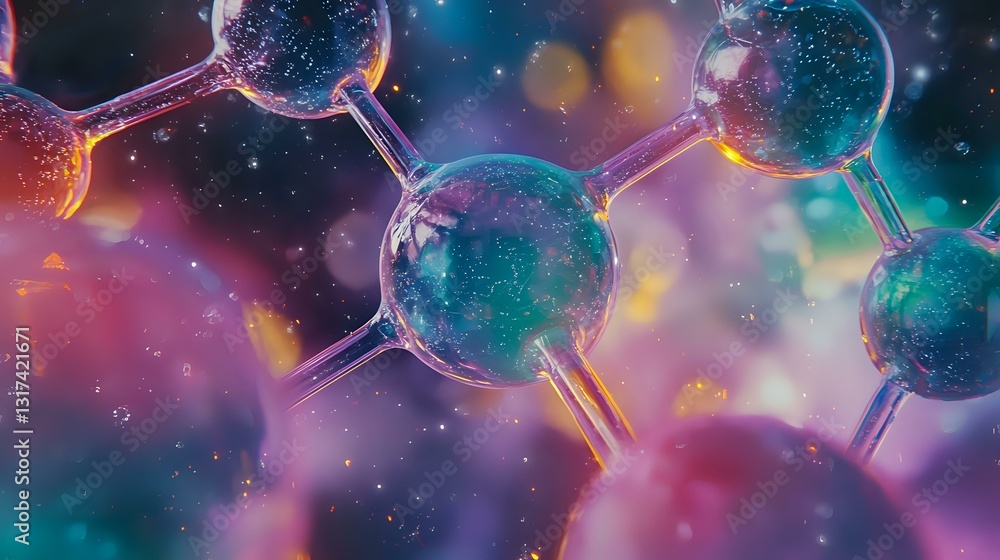 Poster molecular structure with glowing spheres connected by bonds on colorful bokeh background with sparkl