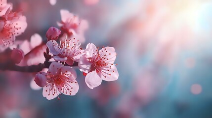 Pink cherry blossoms in soft focus against blurred turquoise background. Delicate spring flowers with morning dew drops create dreamy natural bokeh effect.