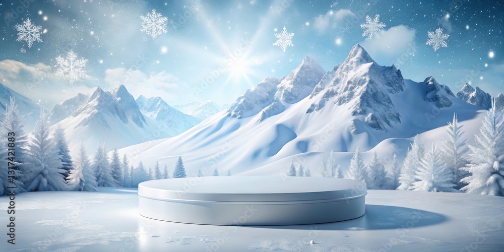 Poster a snowy mountain landscape with a circular platform in the foreground, perfect for showcasing produc