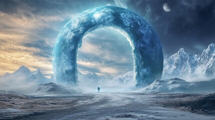 A lone figure stands before a gigantic ethereal portal in a surreal landscape.