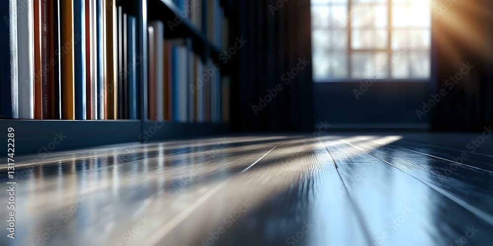Poster dramatic sunlight streaming through window creates diagonal light beams across wooden floor in empty