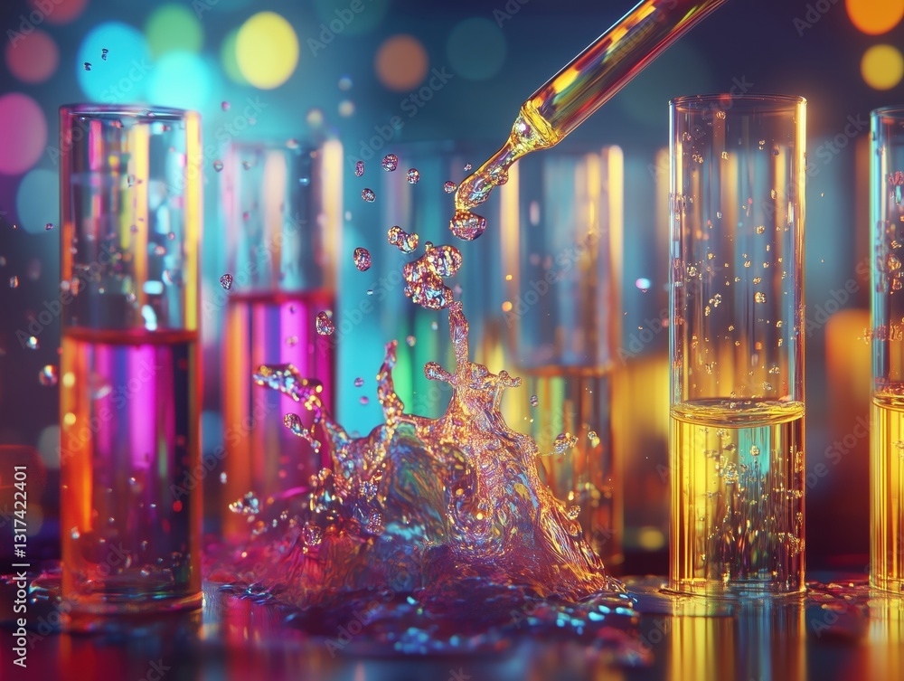 Aufkleber colorful liquid being poured into test tubes with a pipette in a laboratory setting splashes create 