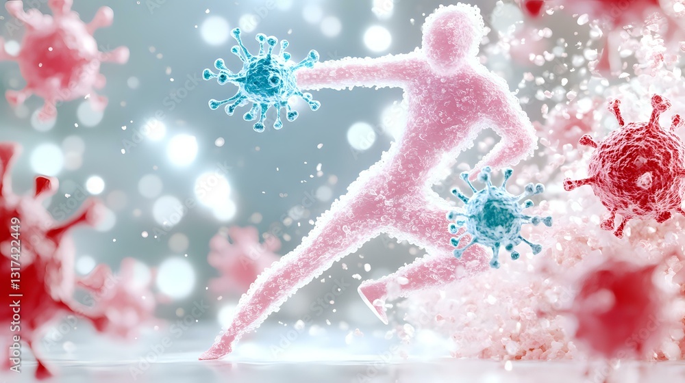 Poster running silhouette through virus particles on abstract medical background with red and blue coronavi