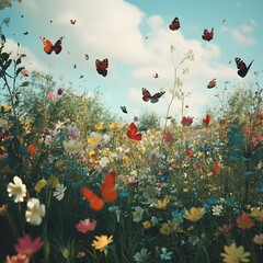 Obraz premium Butterfly Meadow: A vibrant, lively meadow teeming with colorful wildflowers and a multitude of fluttering butterflies dancing in the sunlit sky, creating a whimsical and picturesque scene.