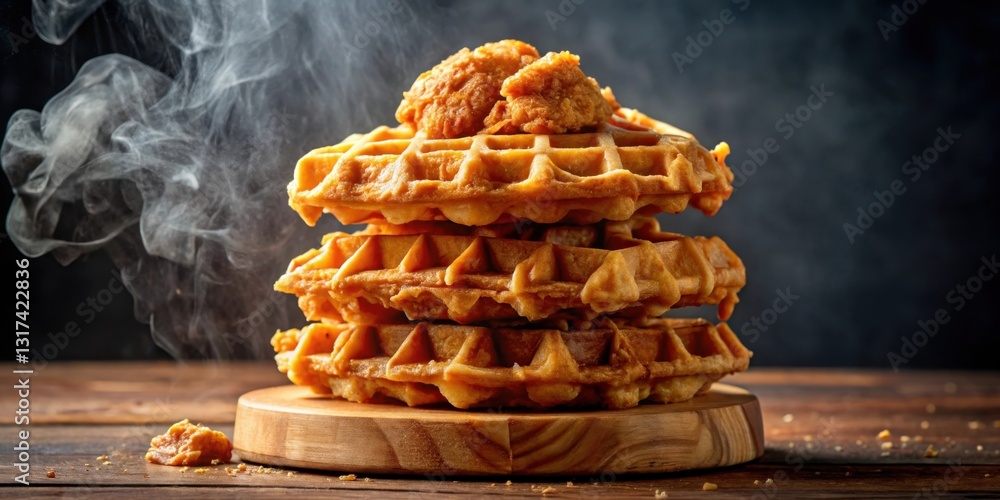 Poster a stack of golden waffles with a crispy chicken patty on top, steaming and ready to be enjoyed.