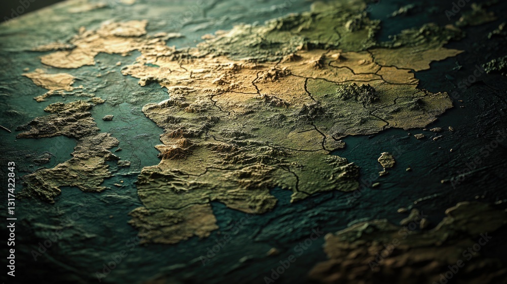 Poster close-up view of a map showing the world with details and features