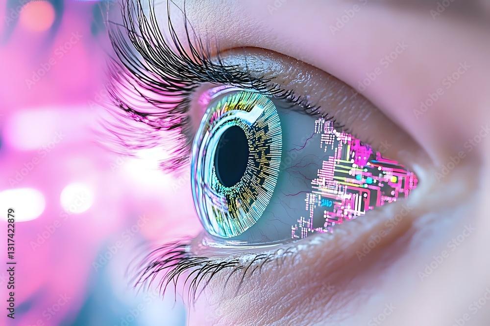 Poster futuristic human eye with digital circuit reflection and pink bokeh background showing technological