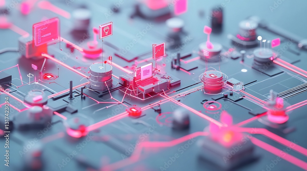 Poster Conceptual depiction of marketing automation highlighting interconnected pathways symbolic nodes workflow efficiency