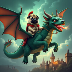Epic Adventure of a Cute Pug Riding a Fire-Breathing Green Dragon in a Whimsical Fantasy Realm - Perfect for Storytelling and Medieval Hero Illustrations