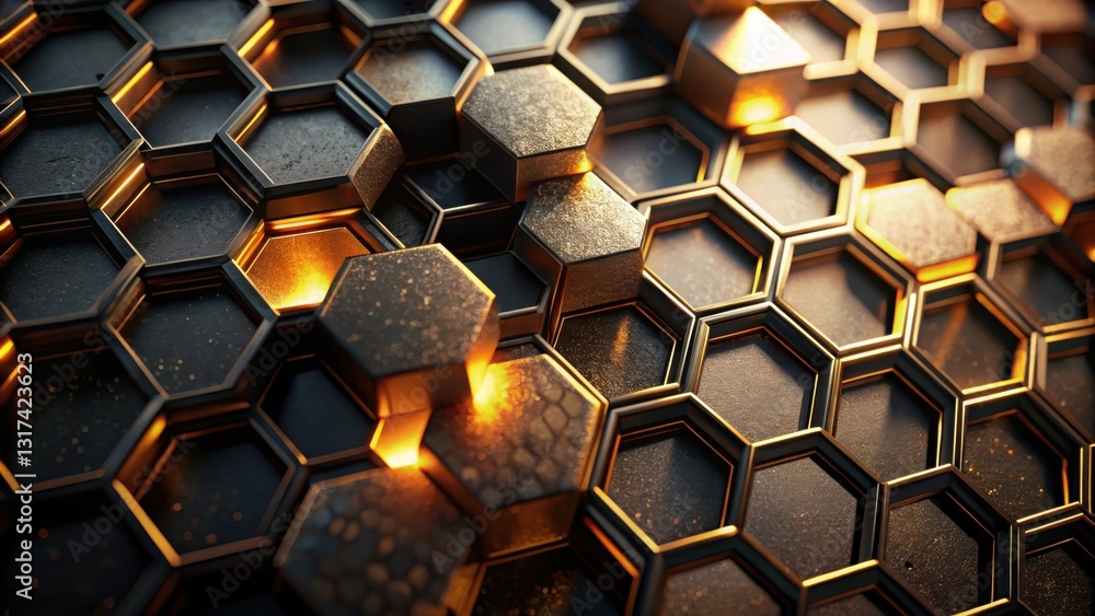 Poster A mesmerizing abstract pattern of interlocked golden hexagons, radiating light from the depths of a textured black surface.