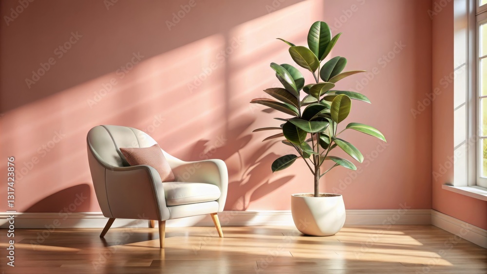 Poster a comfortable armchair with a pink patterned cushion sits next to a potted plant in a room with a so