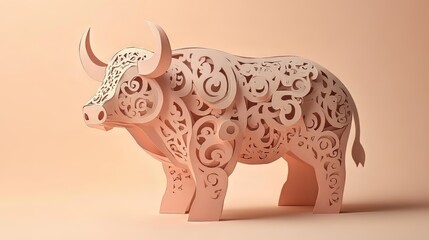 Fototapeta premium Intricate pink paper-cut bull sculpture with decorative swirls and curves.