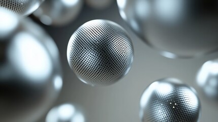 Sleek Metallic Spheres Floating in a Gray Space, Symbolizing Innovation and Technology. Perfect for Tech Websites, Sci-Fi Designs, and Modern Presentations.