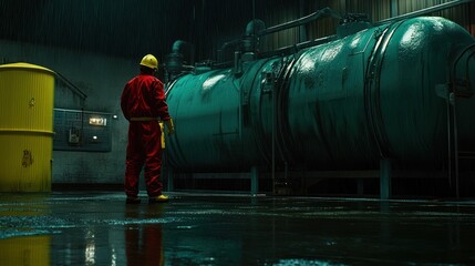 Naklejka premium Solitary Figure in an Industrial Setting Under Rain