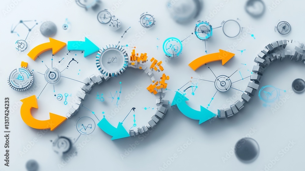 Fototapete Conceptual depiction of product development showcasing dynamic arrows symbolic nodes innovation cycles