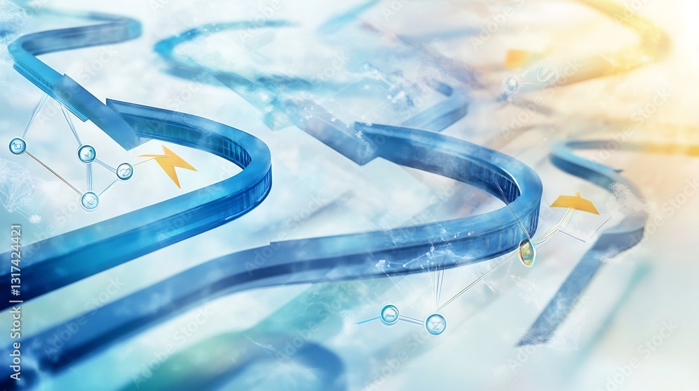 Poster Conceptual depiction of product development showcasing dynamic arrows symbolic nodes innovation cycles