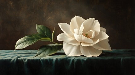 A vintage oil painting of a pristine white gardenia on a dark green velvet cushion, soft and dreamy ambiance, subtle texture details on both petals and fabric, classic still life composition,