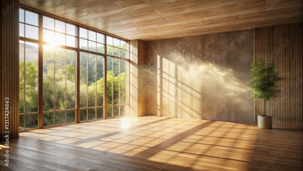 Aufkleber sunlight streams through a large window, illuminating a spacious, minimalist room with hardwood floo