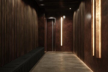Fototapeta premium A long hallway with a bench and wooden walls, perfect for architectural or interior design uses