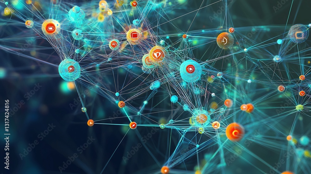 Aufkleber conceptual depiction of social media marketing showcasing interconnected nodes symbolic layers audie