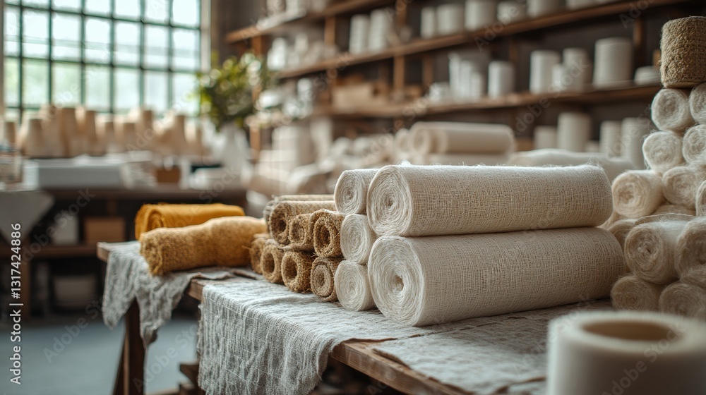 Poster textiles displayed in a cozy workshop setting with natural light illuminating the fabrics