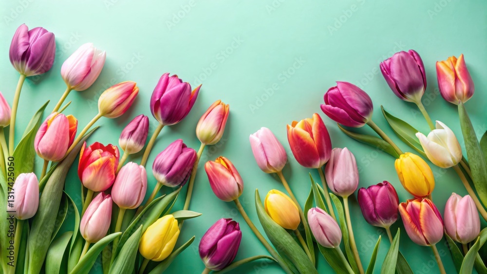 Poster A vibrant collection of colorful tulips, arranged in a symmetrical pattern, creating a stunning floral display against a refreshing mint background.