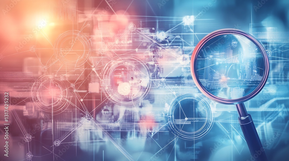 Poster Conceptual rendering of auditing systems featuring symbolic magnifying glasses interconnected pathways representing checks balances
