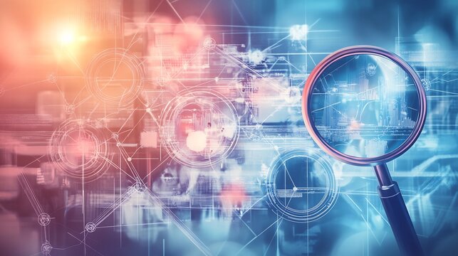 Conceptual rendering of auditing systems featuring symbolic magnifying glasses interconnected pathways representing checks balances