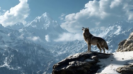 Fototapeta premium Wild Wolf's Howl in Mountain Majesty: A lone wolf, silhouetted against a breathtaking backdrop of snow-capped mountains and a vast, cloudy sky, raises its head in a powerful howl.