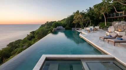 A luxurious infinity pool overlooking a pristine coastline, surrounded by tropical greenery, creating the perfect setting for a high-end vacation.


