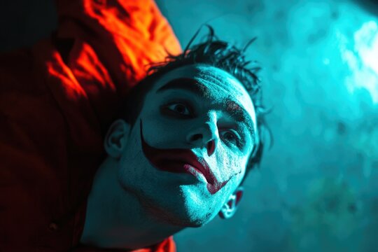 A person wearing a colorful clown costume and makeup, suitable for entertainment or circus theme images
