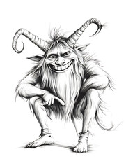 Fototapeta premium A whimsical detailed grayscale illustration of a mischievous hairy creature with curved horns a wide grin and pointed ears.