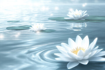 Serene water lilies float gracefully on a tranquil pond, surrounded by soft light reflections, creating a peaceful and calming scene.