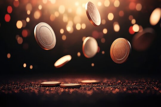 Floating Casino Chips in Mid-Air Against a Bokeh Background of Warm Lights