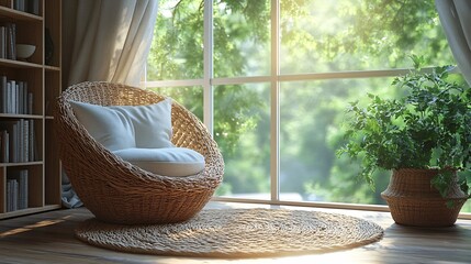 Fototapeta premium Cozy Reading Nook with a Natural Light by a Large Window Surrounded by Lush Greenery