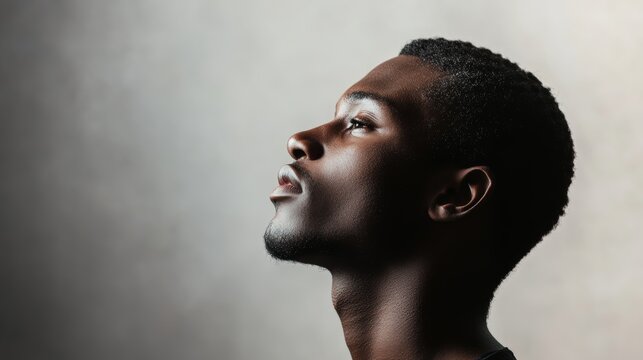 Profile of young african male on neutral background highlighting thoughtfulness.