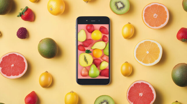 Mobile application for counting calories on smartphone. Tiny people with diagram in big mobile phone and fresh food vegetables count calorie
