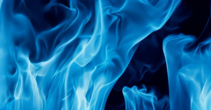 Abstract blue fire flames on black background, dynamic energy motion.