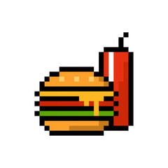 Pixel hamburger with soda. Colorful appetizing snack bread and beef bun with cheese and can of sweet drink for gaming and advertising vector design