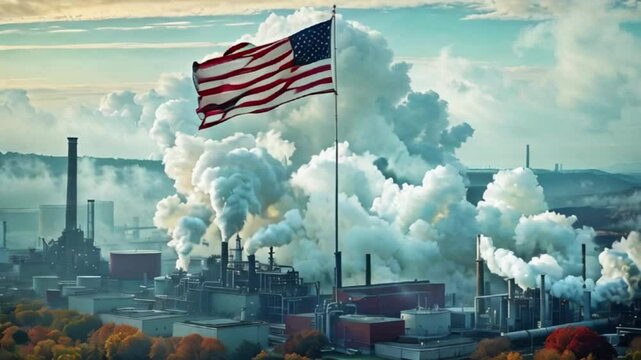 Drapeau am&eacute;ricain flottant doucement devant des chemin&eacute;es polluantes

