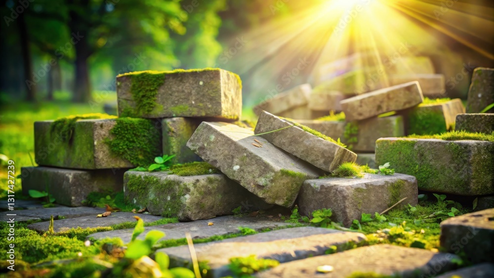 Poster Sunbeams filtering through a canopy of foliage illuminate a path of weathered stones covered in moss.