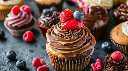 Cake shop banner vector illustration. Cakes natural ingredients. Premium quality. Chocolate and fruity desserts for cake shop with cupcakes, cakes, pudding, biscuits, whipped cream.