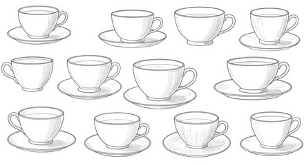 Fototapeta premium Black Line Drawings of Teacups and Saucers