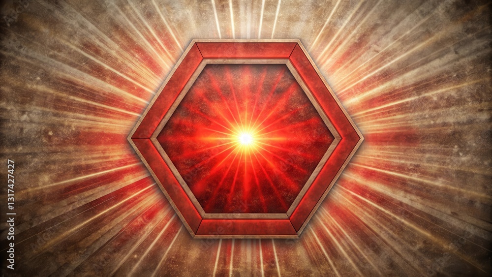 Poster Glowing Hexagon Frame with a Red and Orange Background and Sunburst Rays