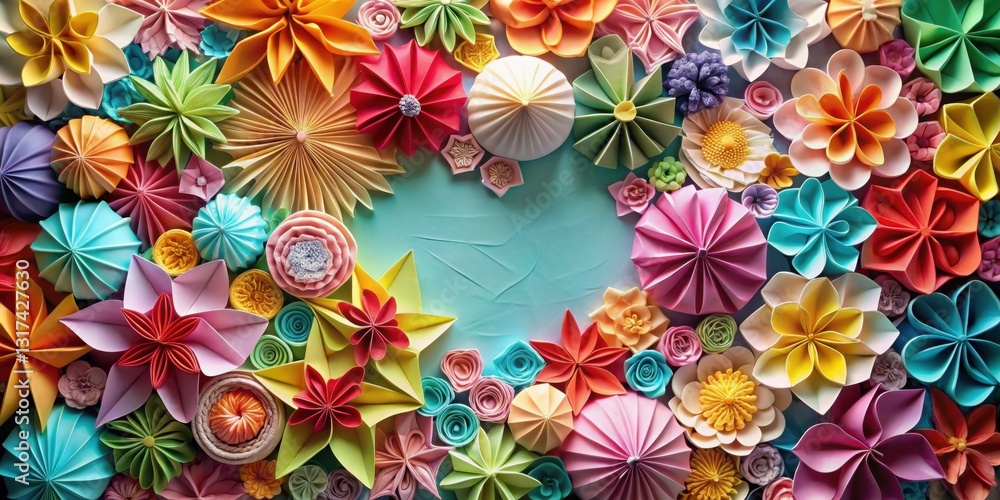 Aufkleber A vibrant and colorful arrangement of paper flowers, featuring a diverse array of shapes and colors, creating a visually stunning and whimsical display.