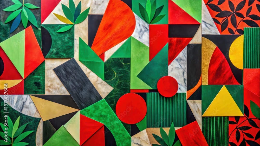 Leinwandbilder Abstract geometric shapes and leaves in various colors and textures create a vibrant and dynamic composition.
